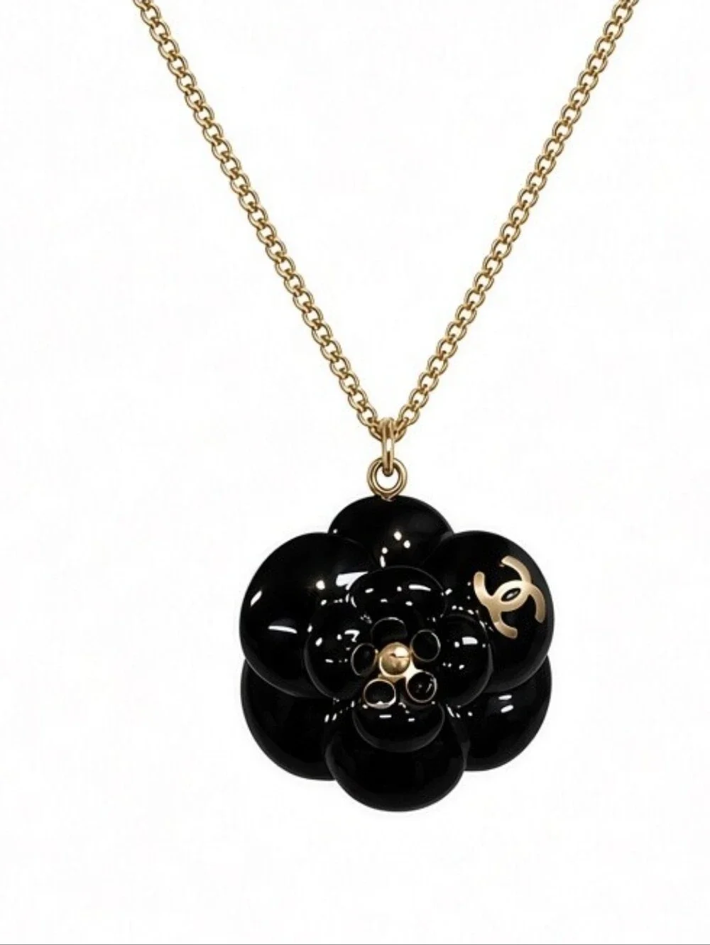 CHANEL Black Camellia Pendant Necklace with Gold Chain